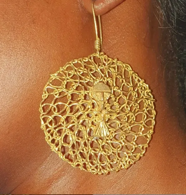 Boucles d'Oreilles Ethniques en Bronze Filigrane & Pendentif Idole Féminine Mali