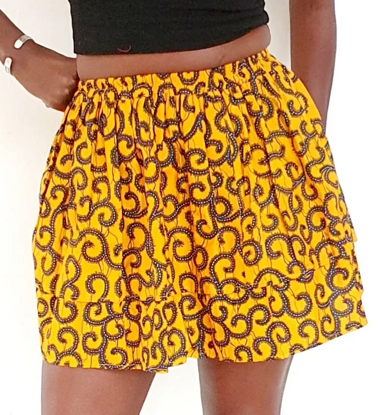 Jupe en tissu Wax jaune à deux volants – Taille M