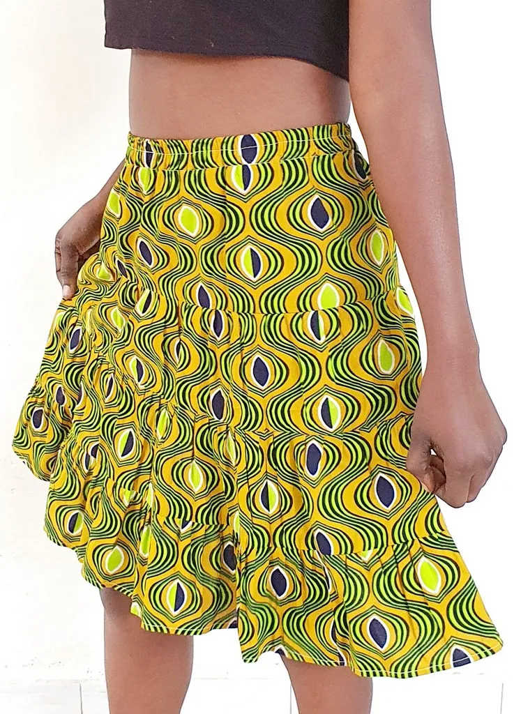 Jupe évasée froncée en tissu Wax jaune – Taille S
