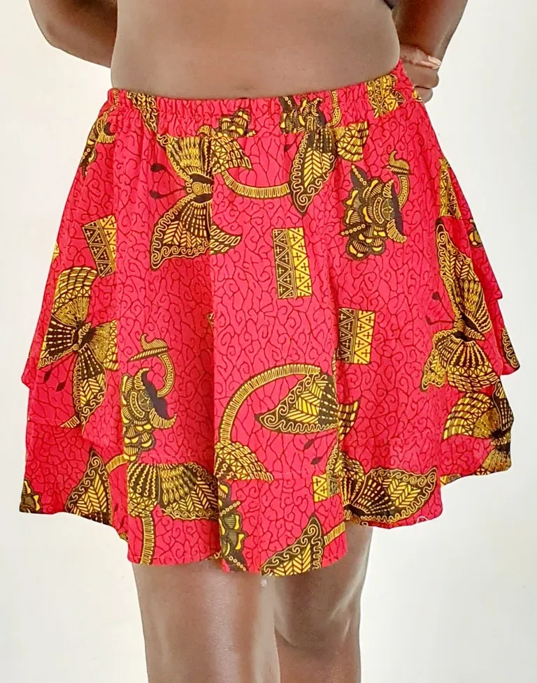 Jupe évasée froncée en tissu Wax rouge – Taille S