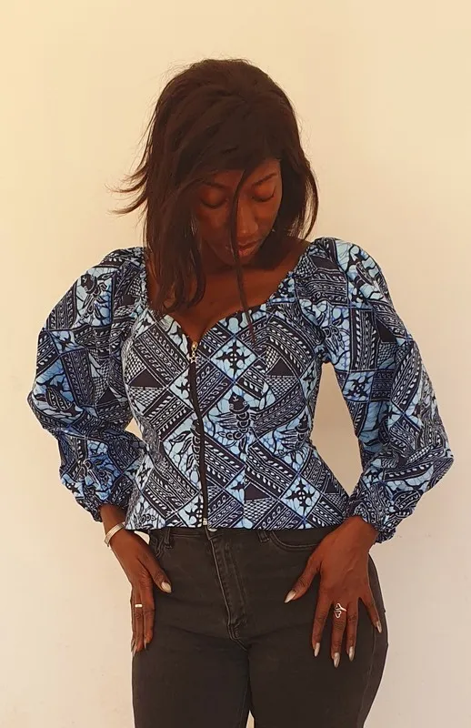Bustier en Wax "Sira" – Bleu Indigo & Manches Modulables
