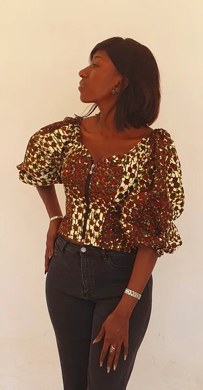 Bustier en Wax "Fanta" – Marron Indigo & Manches Modulables