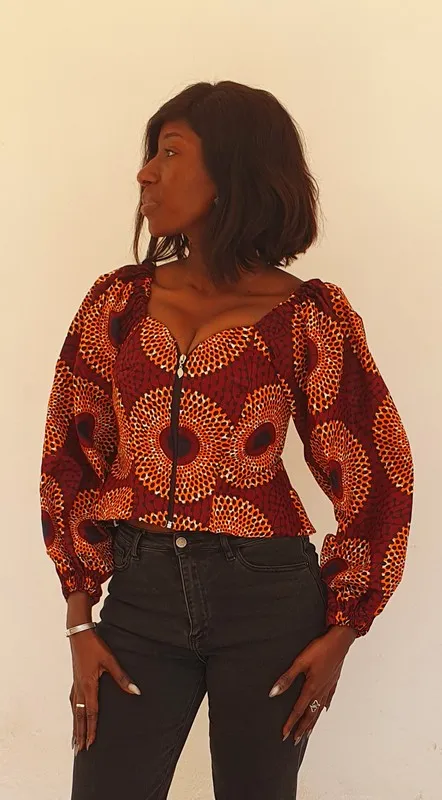 Bustier en Wax "Awa" – Rouge & Orange Solaire