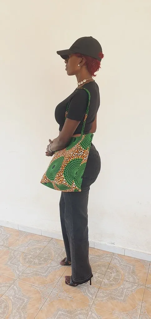 Sac cabas en wax spirales vert émeraude et ocre – Motifs cercles concentriques, tote bag africain fait main Sénégal